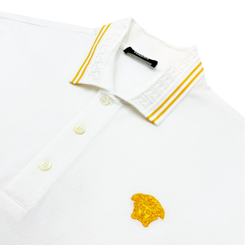 VERSACE MEDUSA EMBROIDERED POLO SHIRT IN WHITE