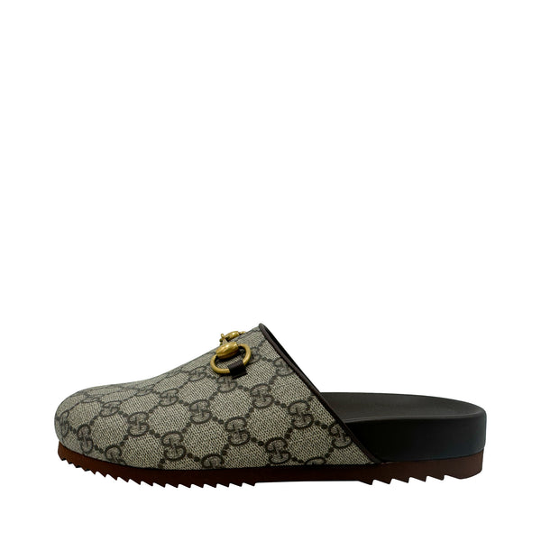 GUCCI GG CANVAS HORSEBIT SLIPPER IN BEIGE AND EBONY