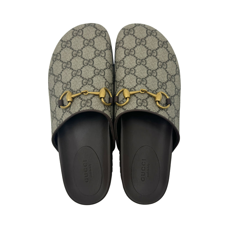 GUCCI GG CANVAS HORSEBIT SLIPPER IN BEIGE AND EBONY